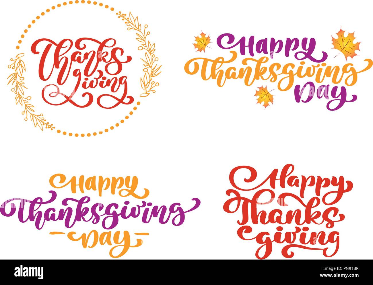 Set of calligraphy phrases Thanksgiving, Happy Thanksgiving Day. Holiday Family Positive quotes lettering. Postcard or poster graphic design typography element. Hand written vector Stock Vector