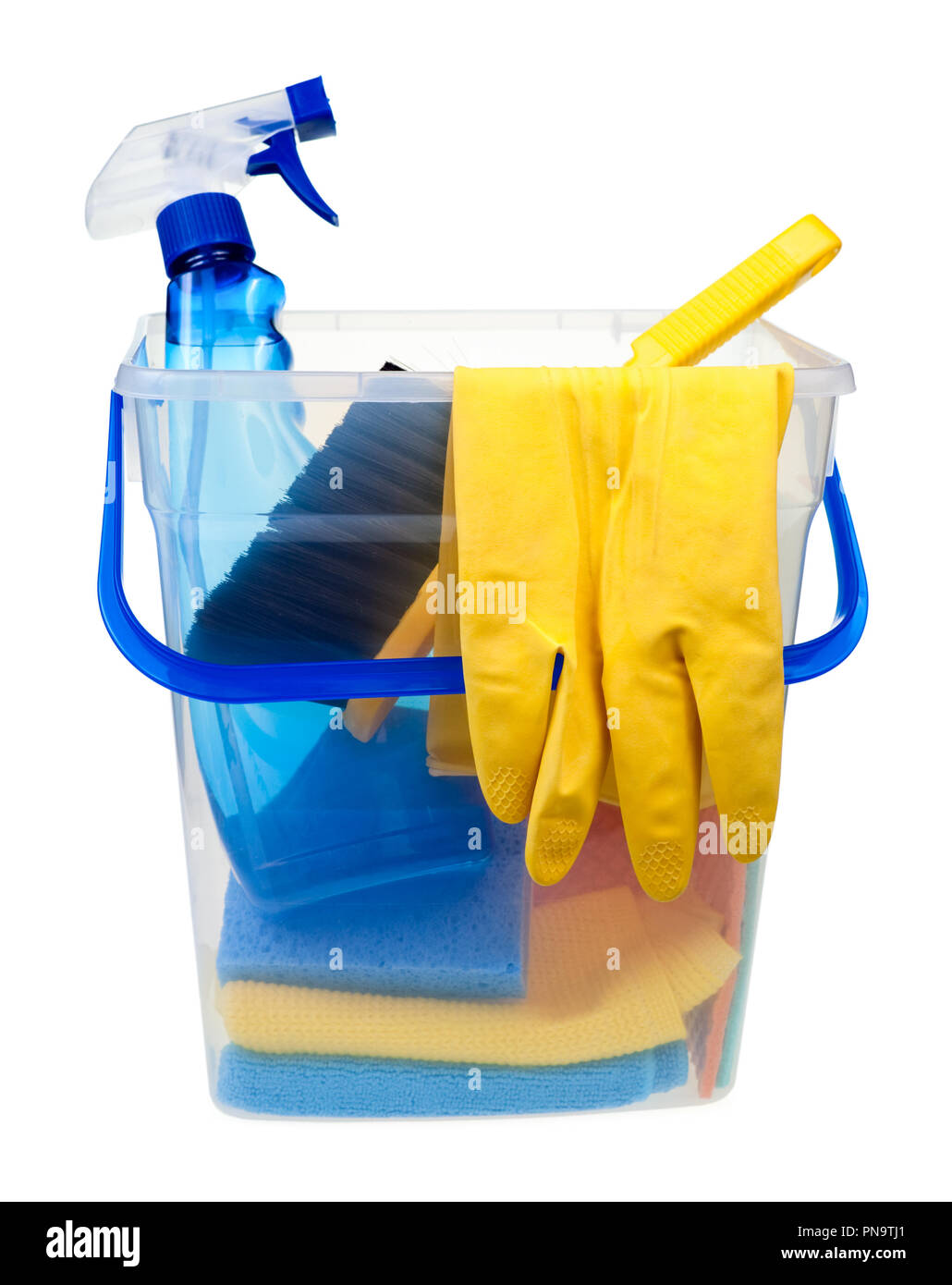 Transparent plastic bucket with cleaning supplies on white background ...