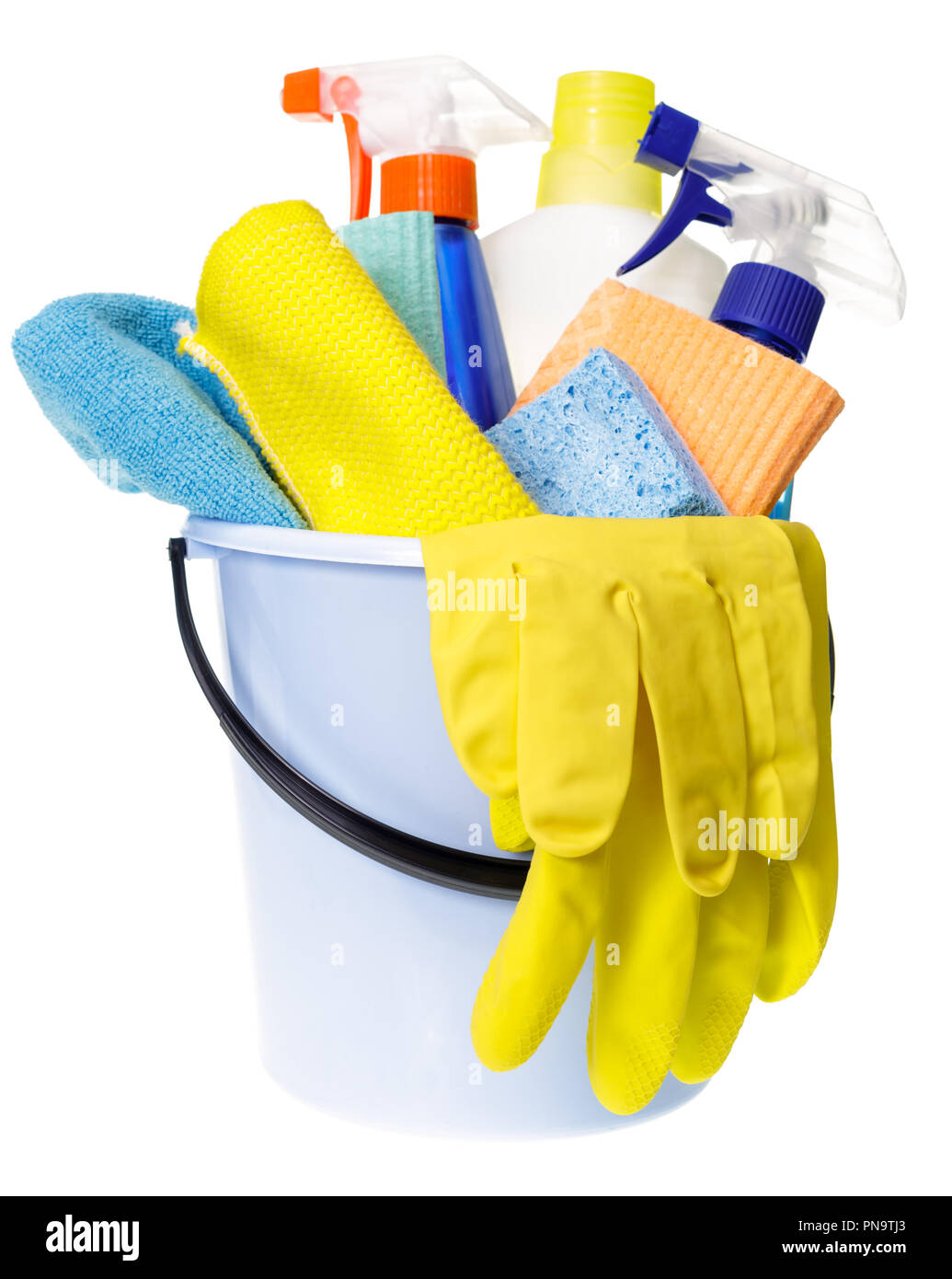 Plastic bucket with rubber protective gloves and cleaning supplies ...