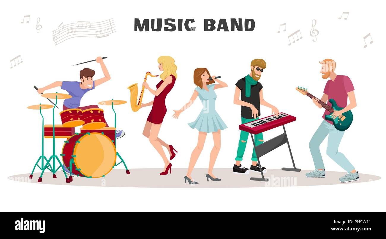 Musicians and Musical Instruments. Artists Performing On Stage. Flat Vector Illustration. Cartoon Characters singing and playing on drums and saxophon Stock Vector
