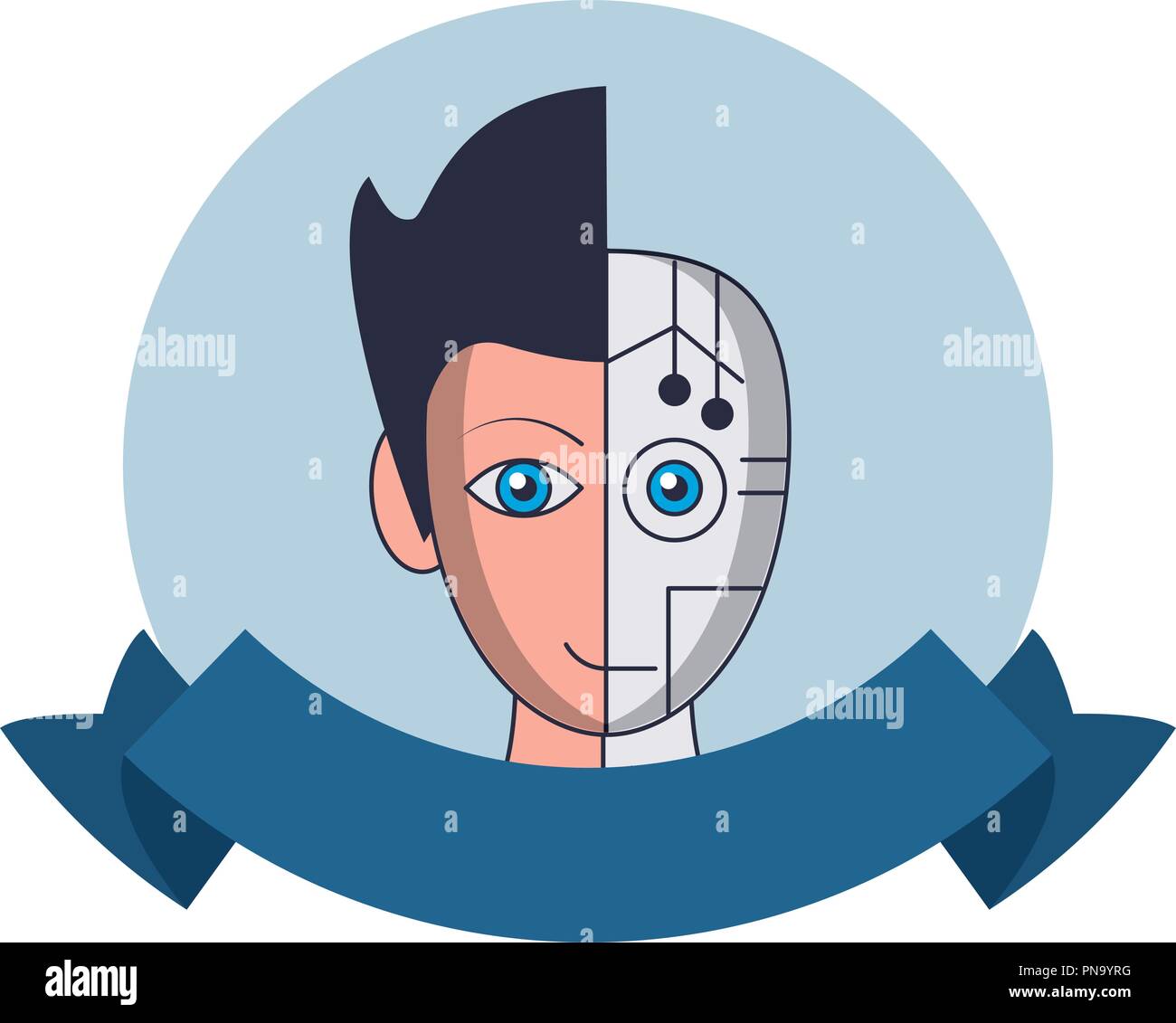 Robot human face round emblem Stock Vector