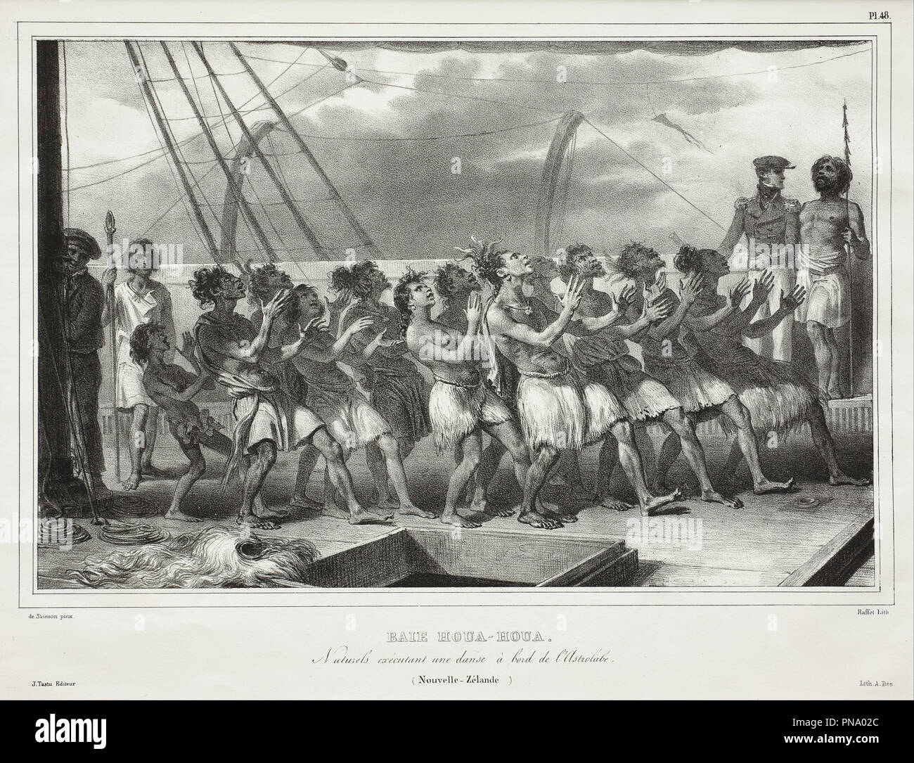 Baie Houa-Houa, Naturels exécutant une danse à bord de l'Astrolabe (Nouvelle-Zélande), [Uawa/Tolaga Bay, Natives Performing a Haka on Board the Astrolabe (New Zealand)]. Date/Period: 1833 - Post 1839. Print. Lithograph by Auguste Raffet lithograph by Auguste Raffet. Height: 365 mm (14.37 in); Width: 550 mm (21.65 in). Author: LOUIS AUGUSTE DE SAINSON. Stock Photo