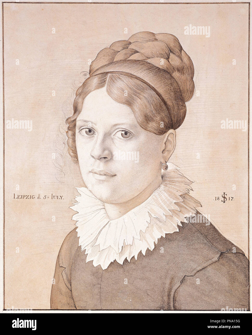 Portrait of Henriette Schnorr von Carolsfeld, 1817. Date/Period: 1817. Pencil, pen and brown ink, brown and gray wash, brown framing line. Author: Julius Schnorr von Carolsfeld. Stock Photo