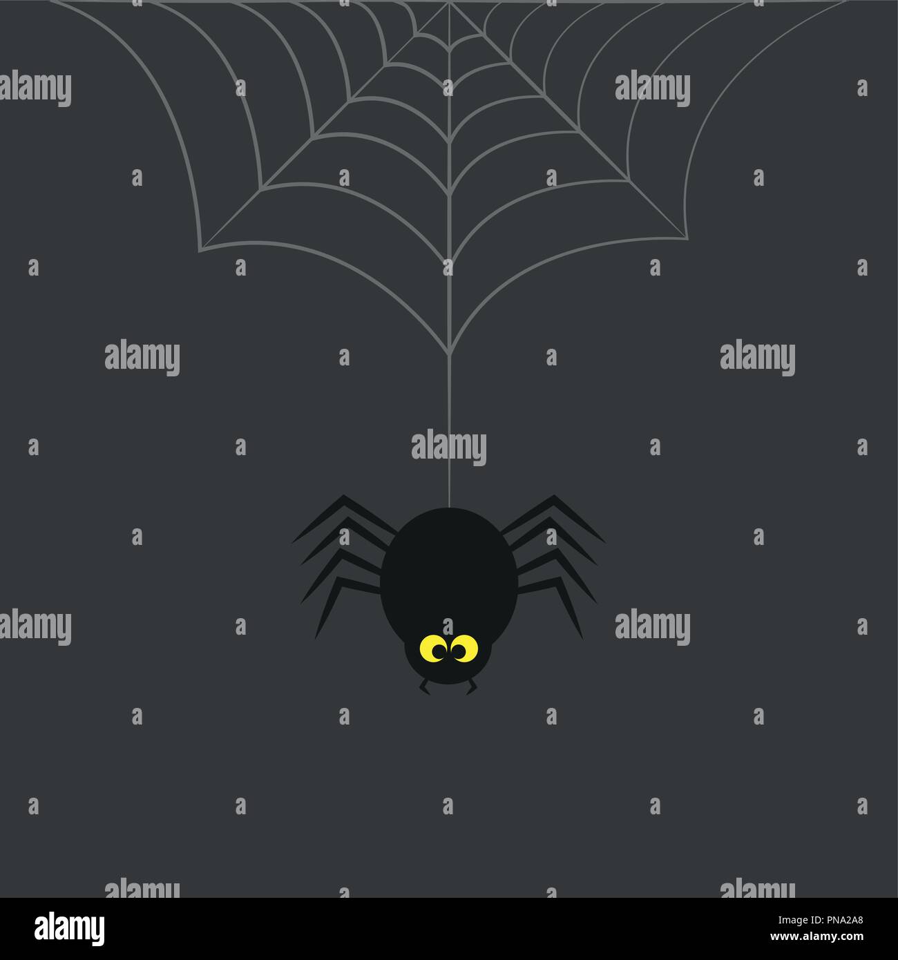 black spider with yellow eyes hangs on cobweb on a grey background vector illustration EPS10 Stock Vector