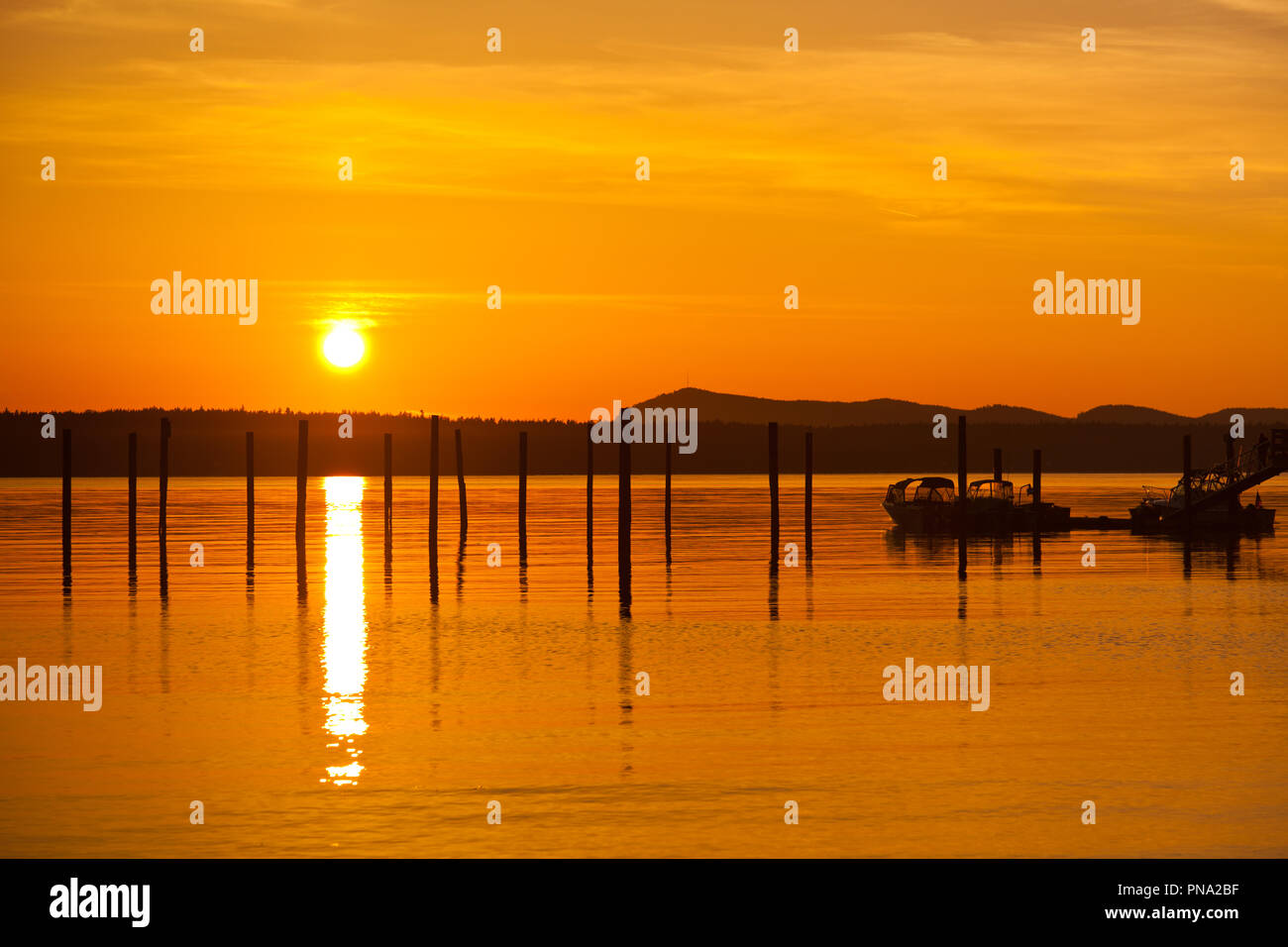 Golden orange sunset in Anacortes, WA Ship Harbor on Fidalgo Island Stock Photo