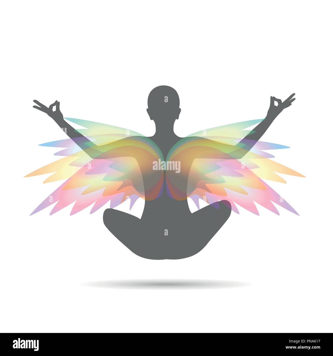 young person sitting in yoga meditation lotus position with colorful wings silhouette vector illustration EPS10 Stock Vector