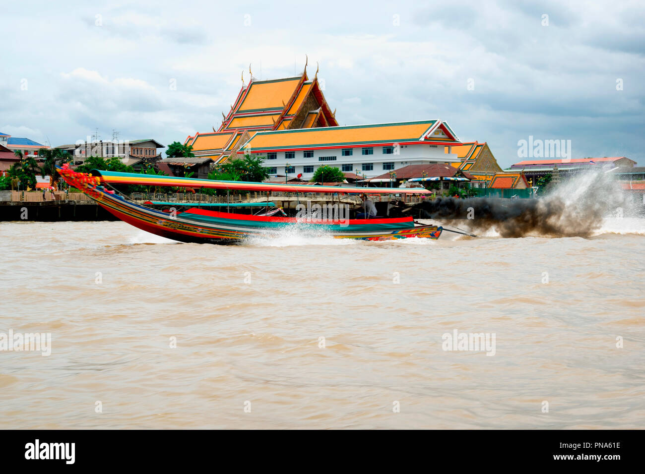 Colorful longtail boat on Chaopraya river in Bangkok Stock Photo