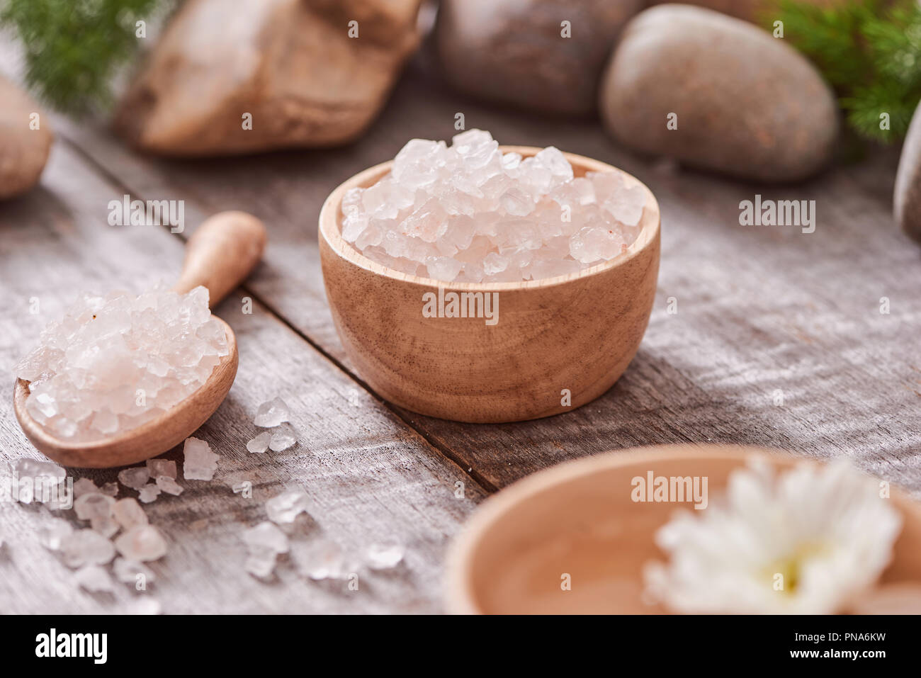 Composition of spa treatment on wooden background Stock Photo