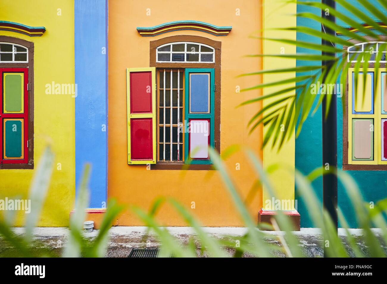 Colorful architectural detail of the historical building in the Little India district, Singapore Stock Photo
