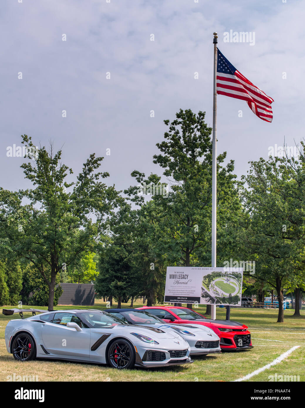 ROYAL OAK, MI/USA - AUGUST 16, 2018: Three sports cars at Memorial Park, at the Woodward Dream Cruise: Chevrolet Corvette ZR1 and Z06 Chevrolet Camaro Stock Photo
