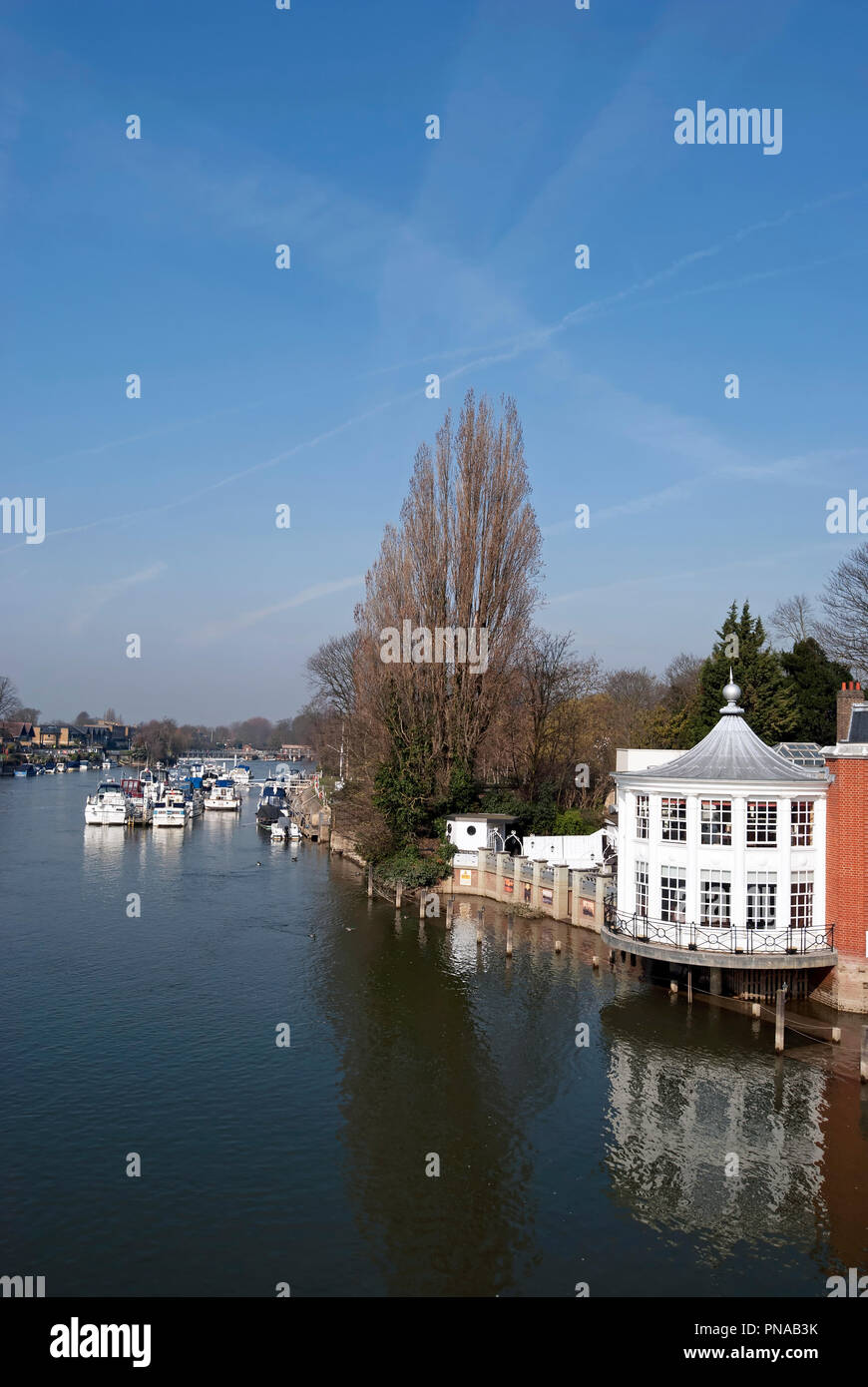 the river thames seen looking west from hampton court bridge, with the terrace bar of the mitre hotel to the right on the middlesex bank Stock Photo