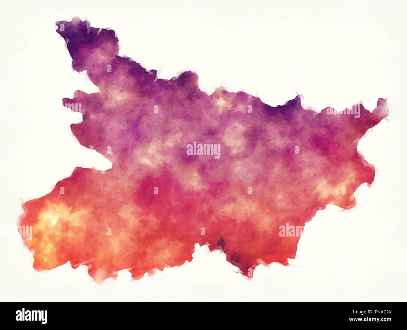 Bihar federal state watercolor map of India in front of a white background Stock Photo