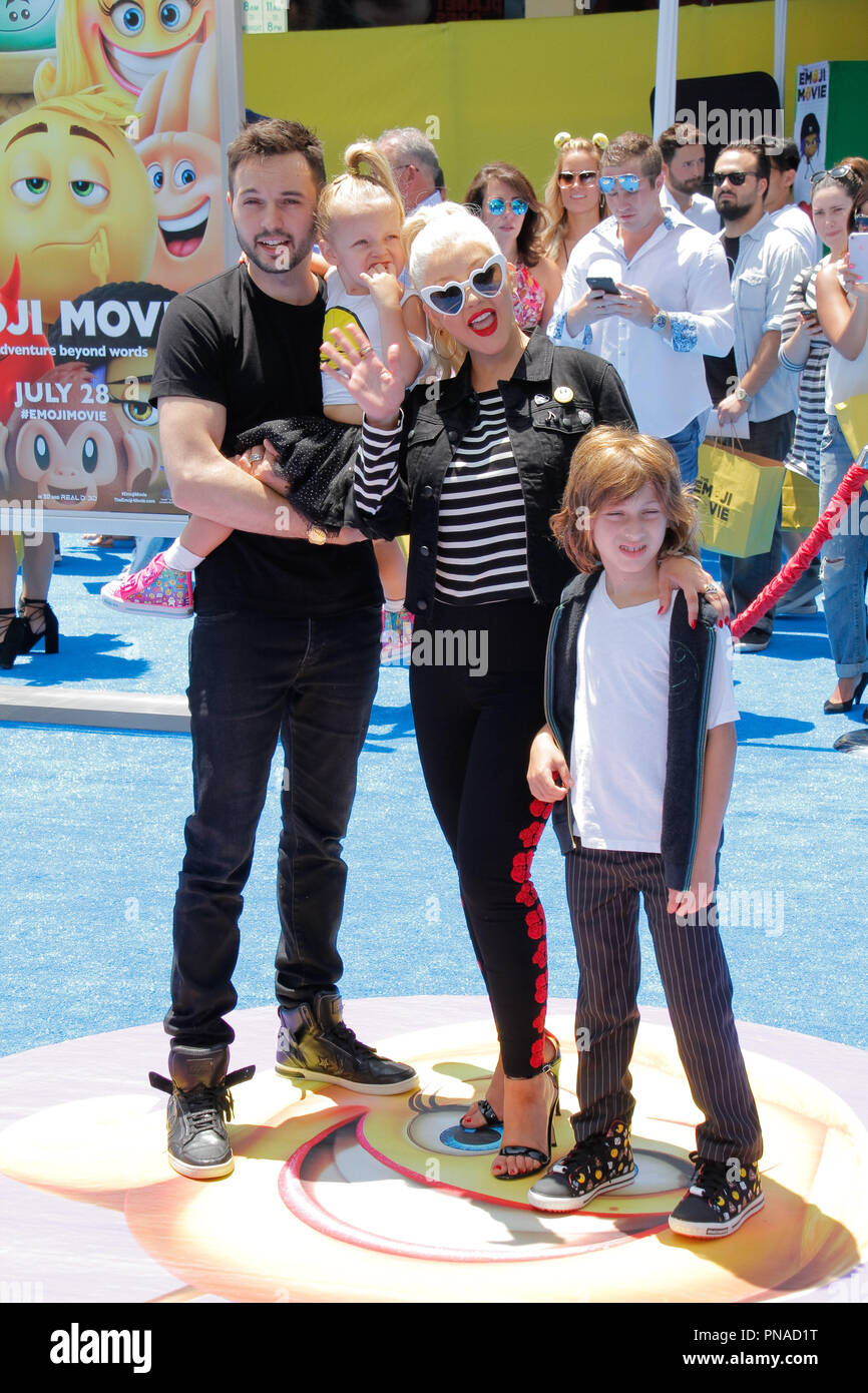 Matthew Rutler, Summer Rain Rutler, Christina Aguilera, Max Liro at the  World Premiere of Columbia Picture's "The Emoji Movie" held at the Regency  Village Theatre in Westwood, CA, July 23, 2017. Photo