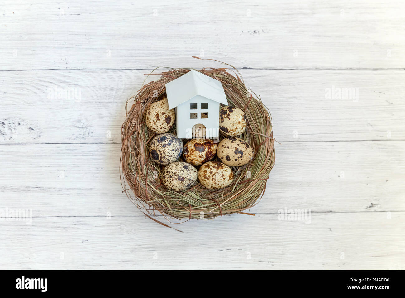 Miniature white toy model house rests in nest with eggs on rustic old