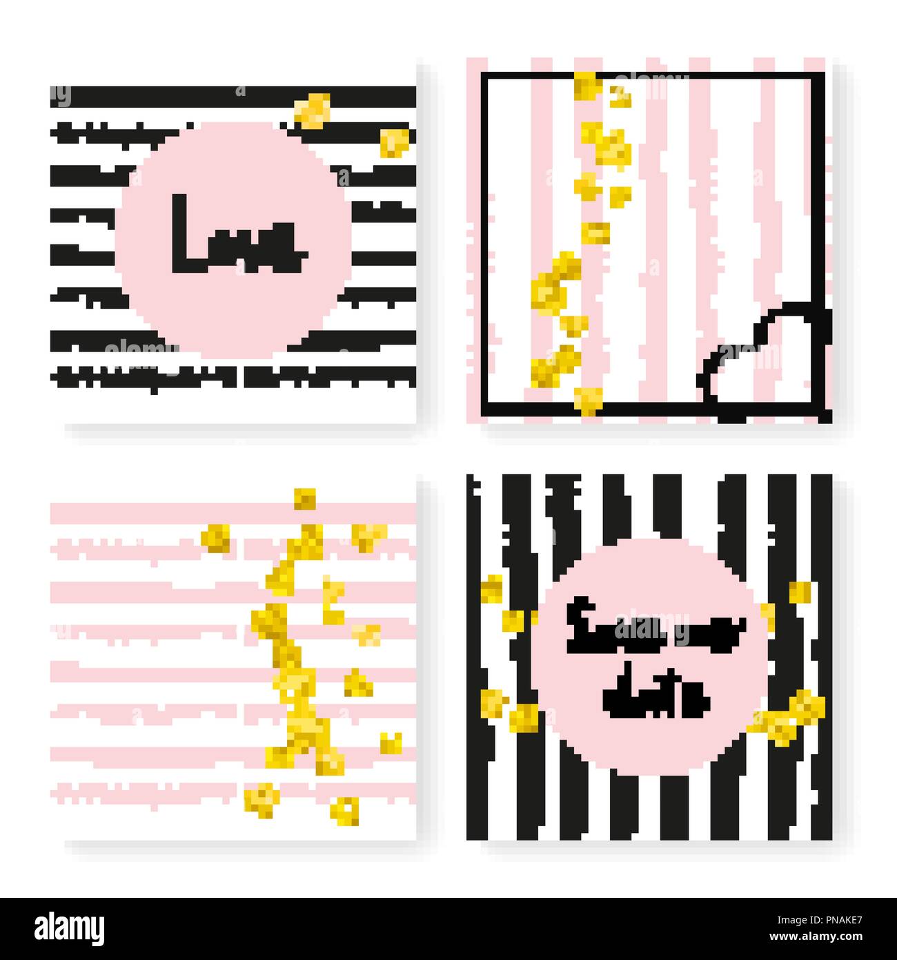 Wedding glitter confetti on stripes, invitation set Stock Vector