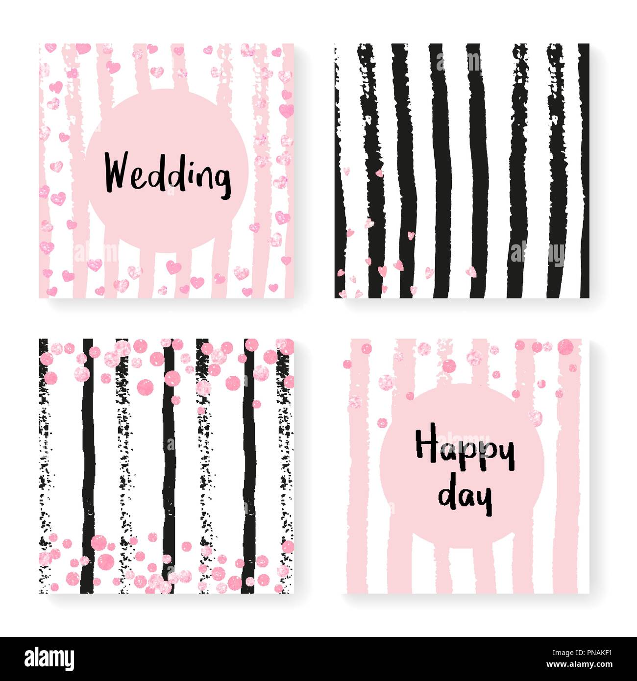 Wedding glitter confetti on stripes, invitation set Stock Vector