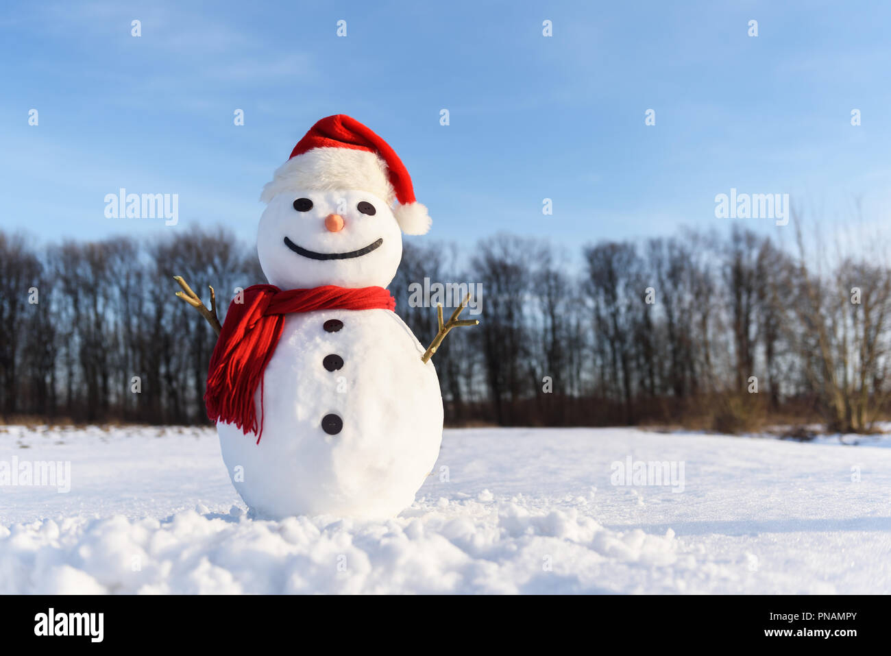Funny snowman in red hat Stock Photo