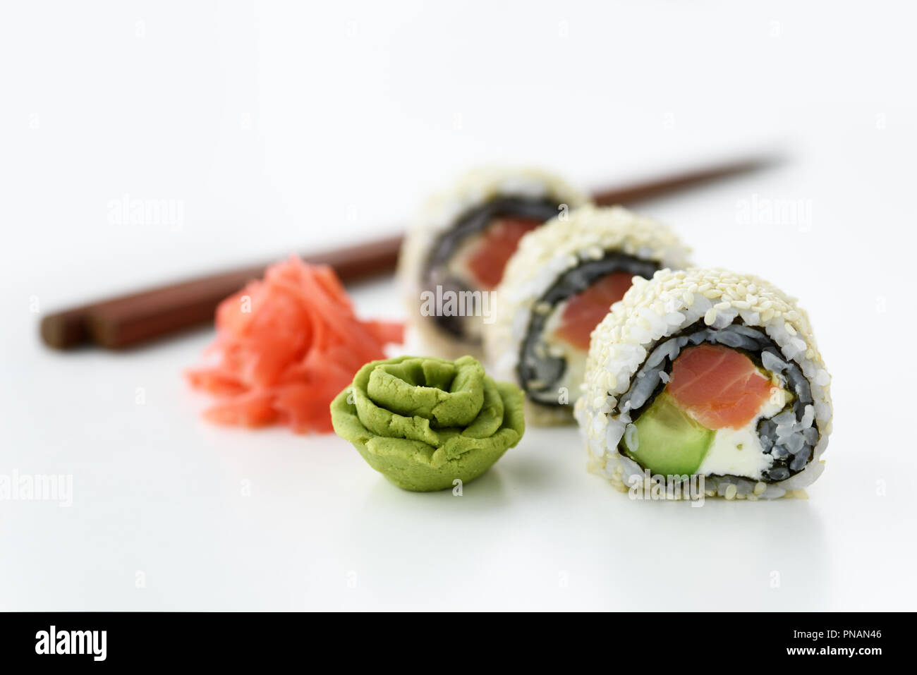 Sushi roll with ginger and wasabi closeup Stock Photo
