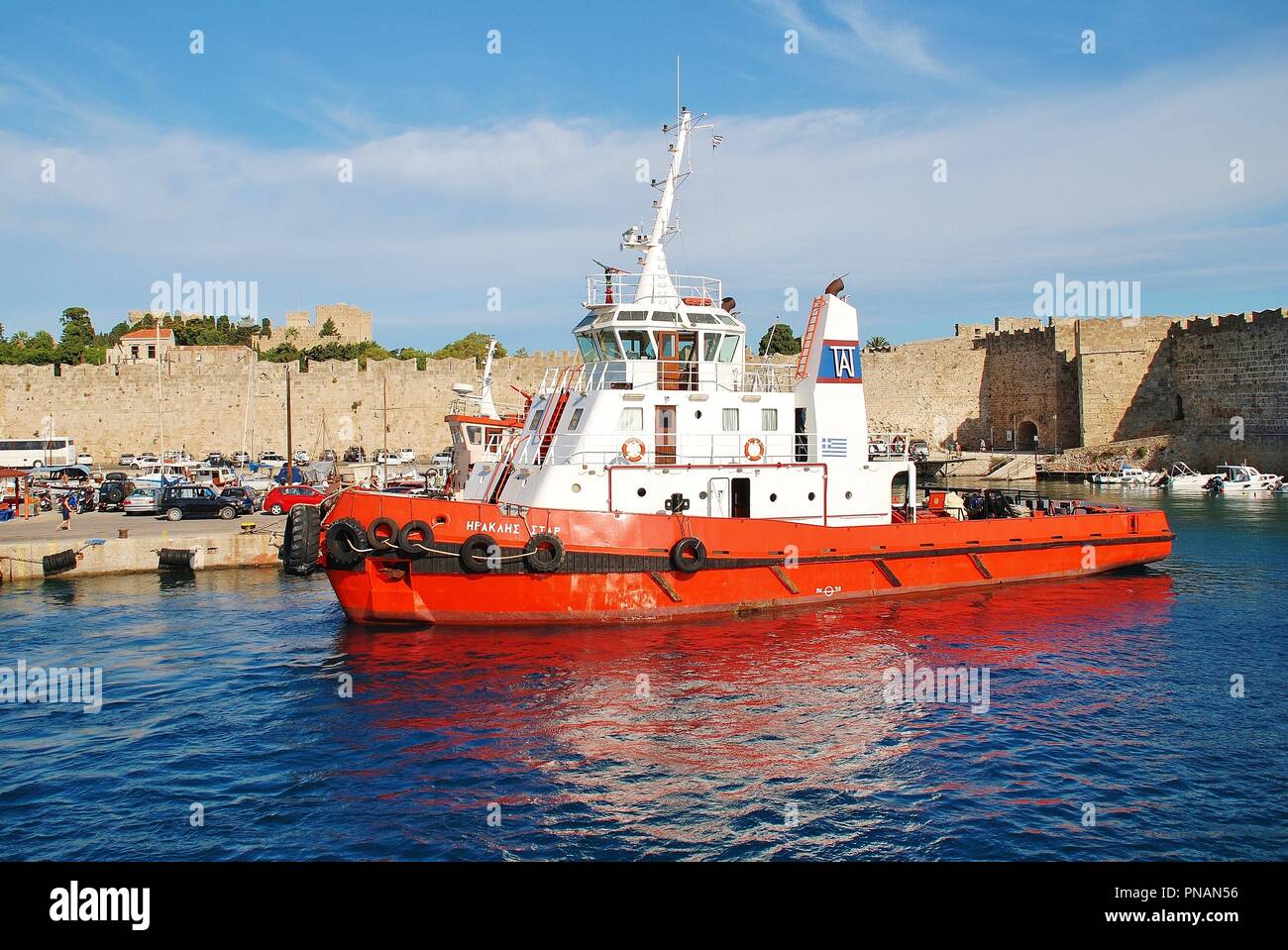 Tugboat Heracles Star moored at Kolona port in Rhodes Old Town on the Greek island of Rhodes on June 12, 2018. The 31mtr vessel was built in 2002. Stock Photo