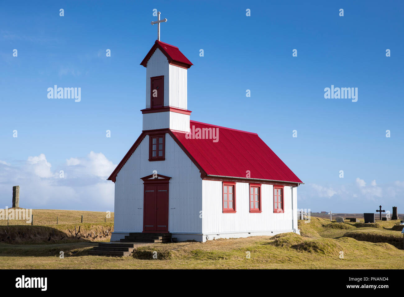 19th Century corrugated iron church with red roof Pykkvabaejarklauster at Alftaver, Myrdalssandur, South Iceland Stock Photo