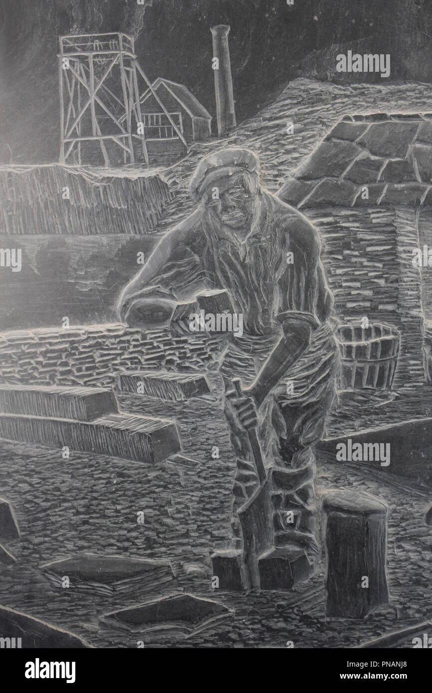 Etching on Slate Depicting Slate Industry, Wales Stock Photo