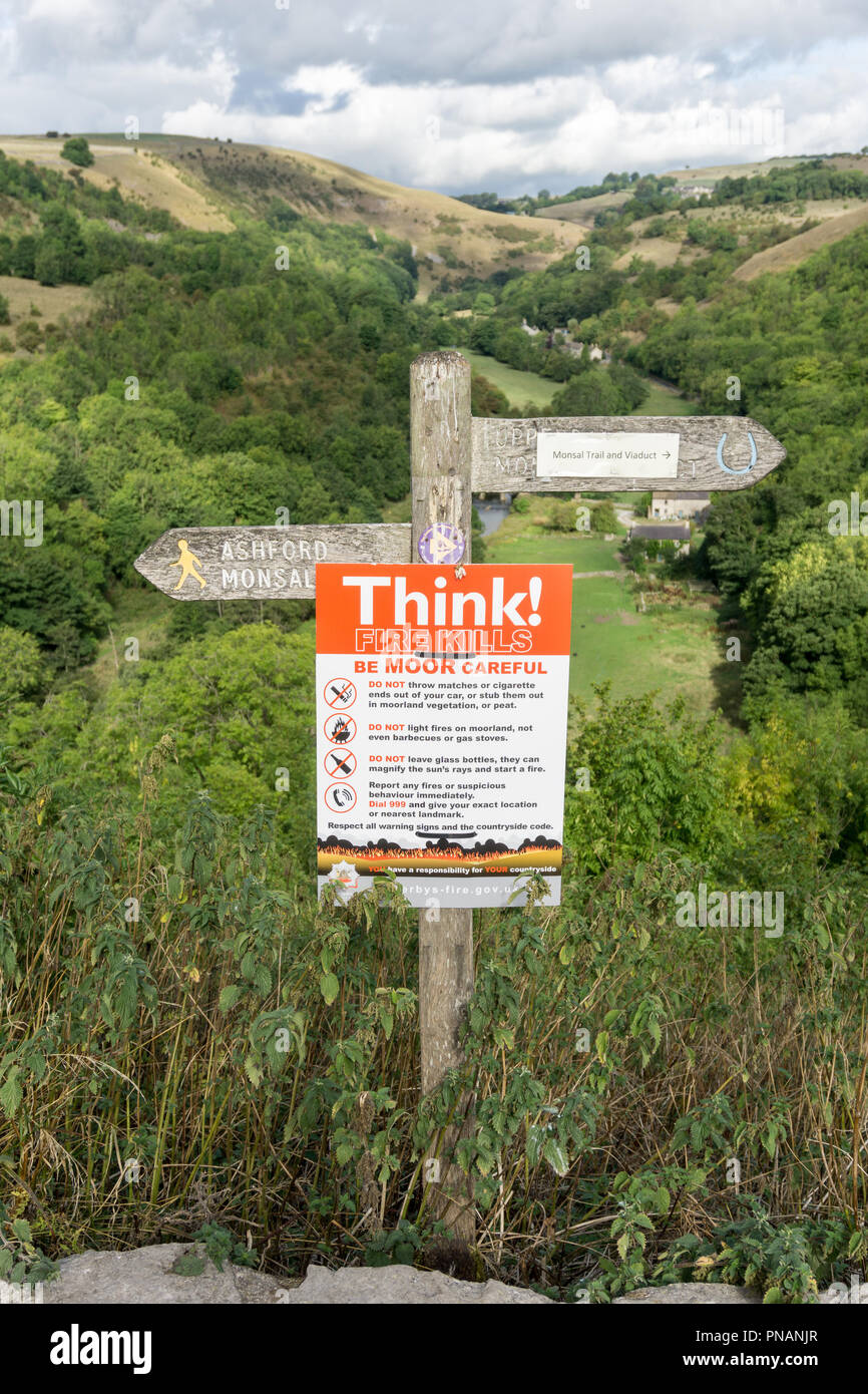Think, fire kills, be moor careful - hazard warning sign at Monsal Head Viewpoint, Derbyshire, UK Stock Photo