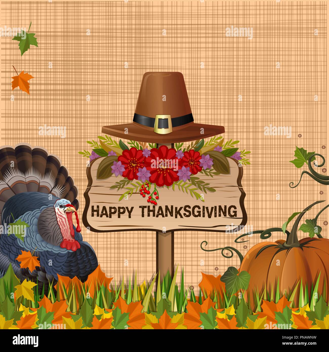 Thanksgiving background with pumpkin, turkey, fallen autumn leaves and