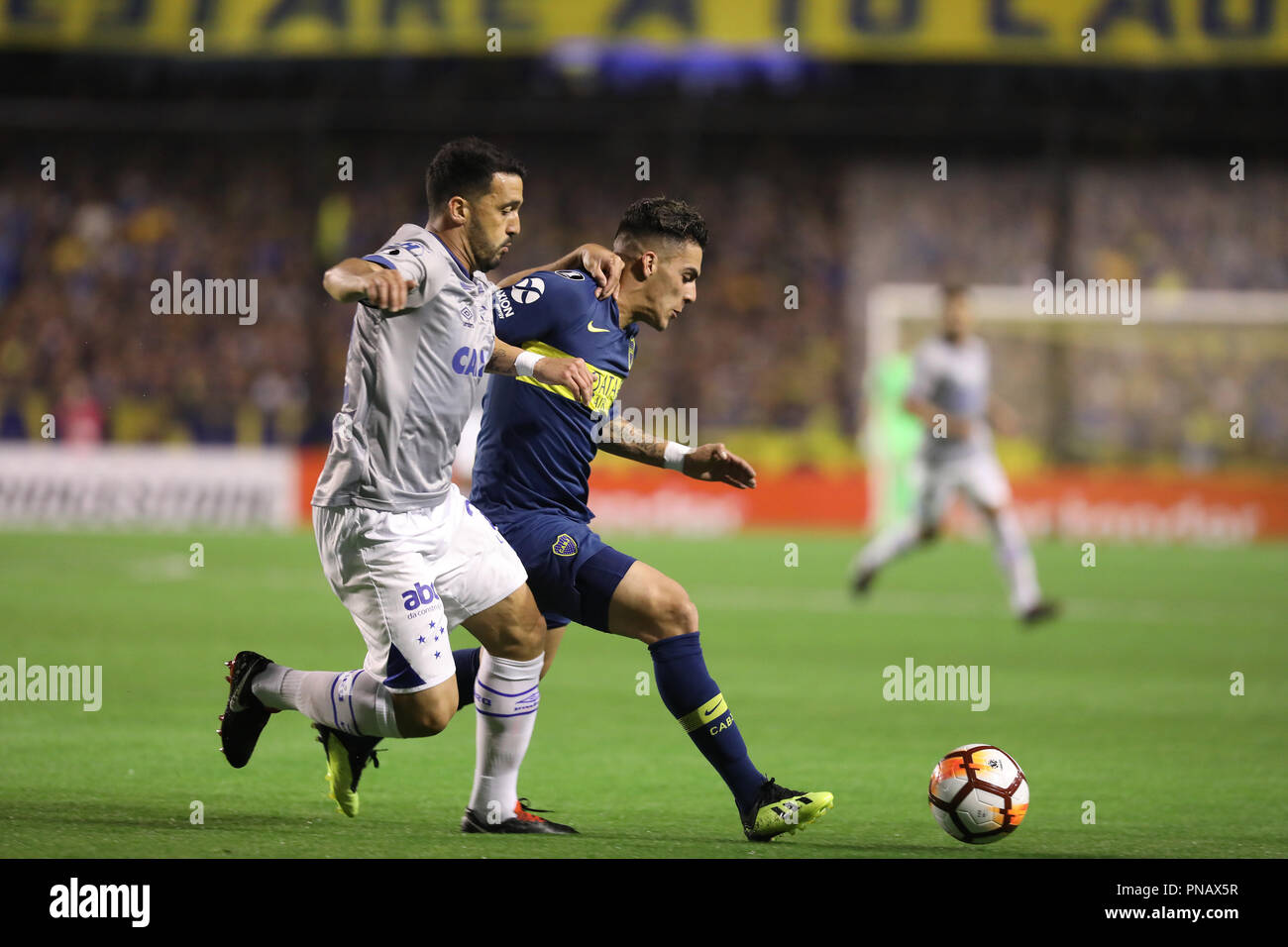 BUENOS AIRES, ARGENTINA - SEPTEMBER 19, 2018: Cristian Pavon (boca) trying to outrun the defense in Buenos Aires, Argentina Stock Photo