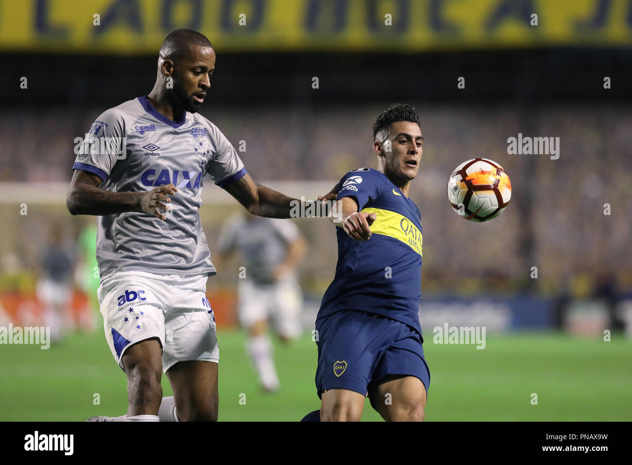BUENOS AIRES, ARGENTINA - SEPTEMBER 19, 2018: Cristian Pavon (Boca) taking possesion of the ball against cruzeiro for the libertadores 2018 in Buenos  Stock Photo