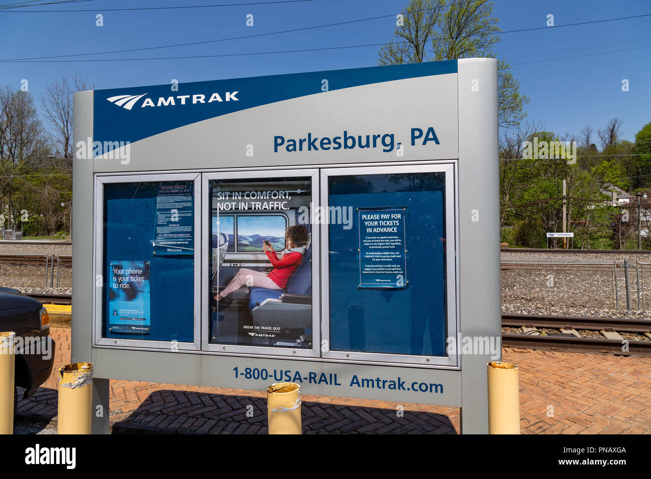 Parkesburg, PA, USA May 3, 2018 A sign at the Amtrak train station