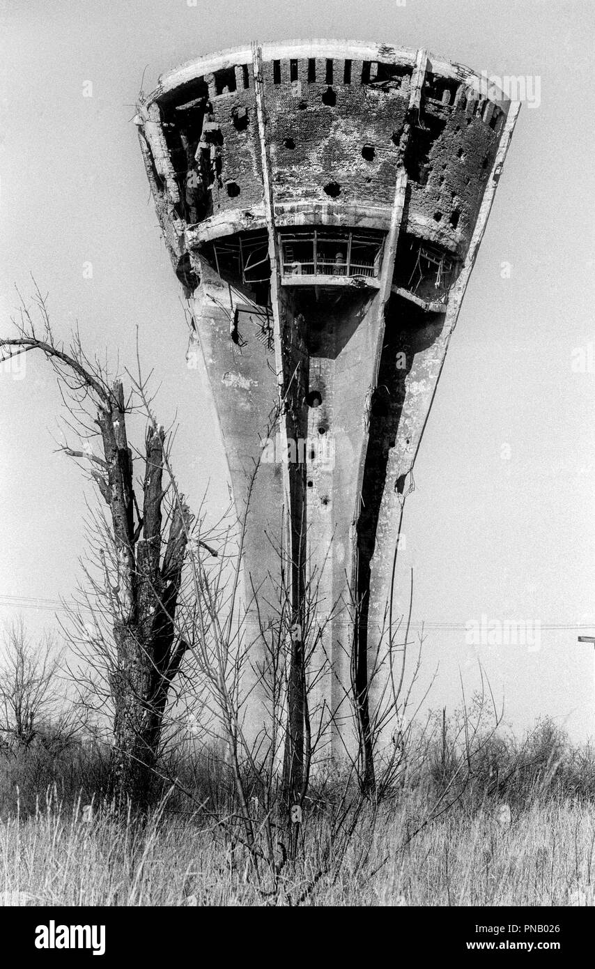 During the Battle of Vukovar, the water tower was hit more than 600 times during the siege. It is one of the most famous symbols of the Croatian War of independence. It will not be restored but will remain as a memorial to the pain and suffering that Vukovar endured. Stock Photo