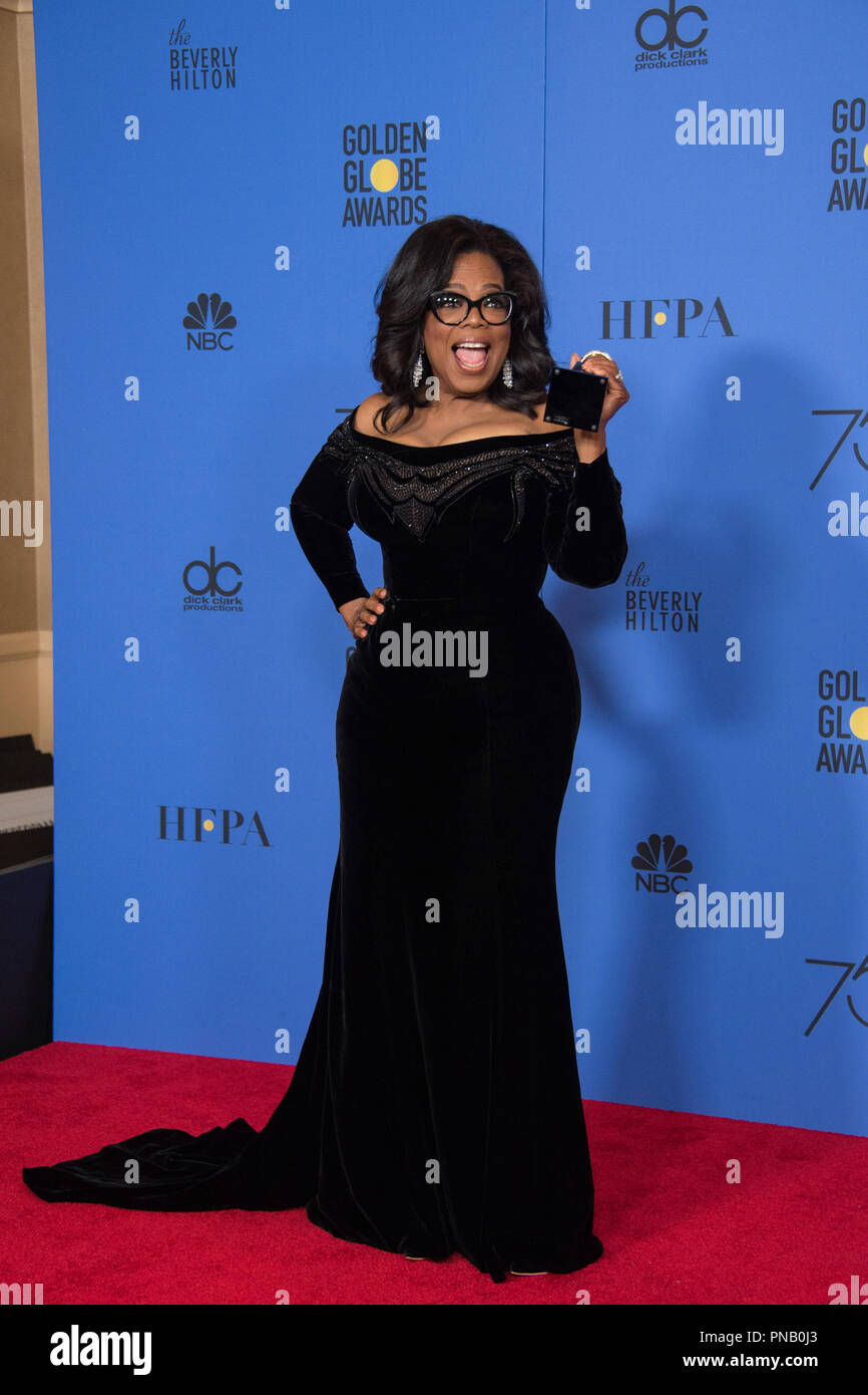 Oprah Winfrey accepts the Cecil B. DeMille Award for her “outstanding contribution to the entertainment field” at the 75th Annual Golden Globe Awards at the Beverly Hilton in Beverly Hills, CA on January 7, 2018. Stock Photo