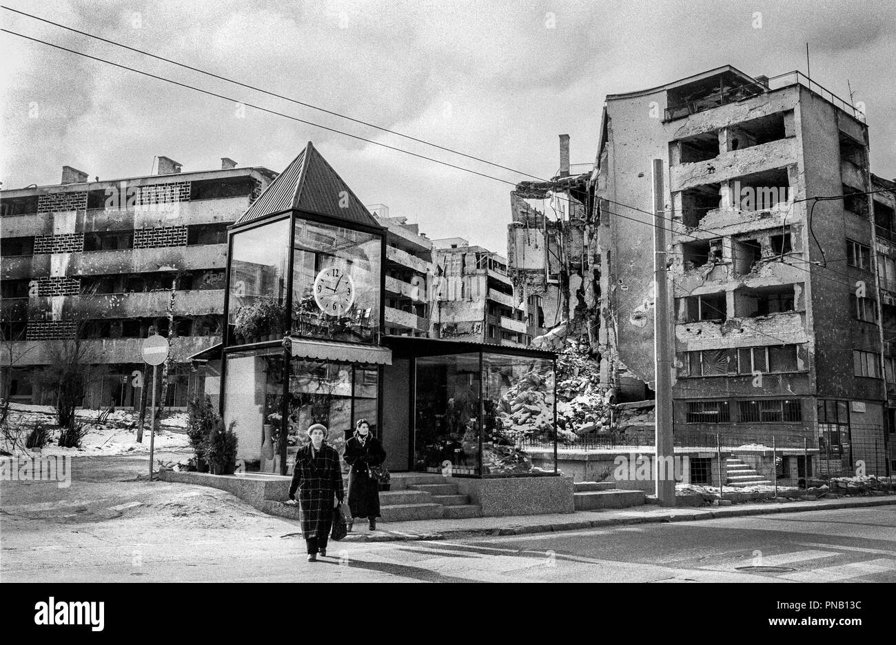 During the 1992-1995 war, Grbavica was occupied early by the Army of Republika Srpska and remained under Serb control throughout the siege. From the tall residential buildings, Serb snipers target the Sarajevo populace along Sniper Alley. The neighbourhood was heavily looted and destroyed. Stock Photo