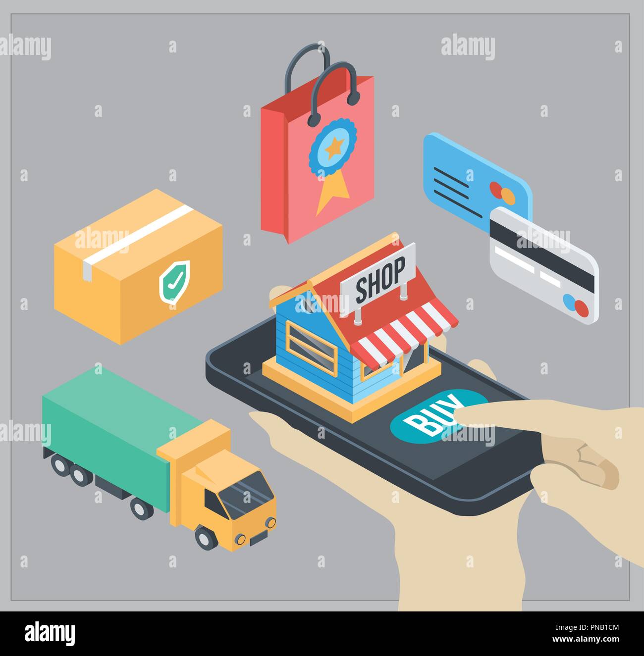E-commerce, pay online and online shopping concept. Flat 3d isometric ...