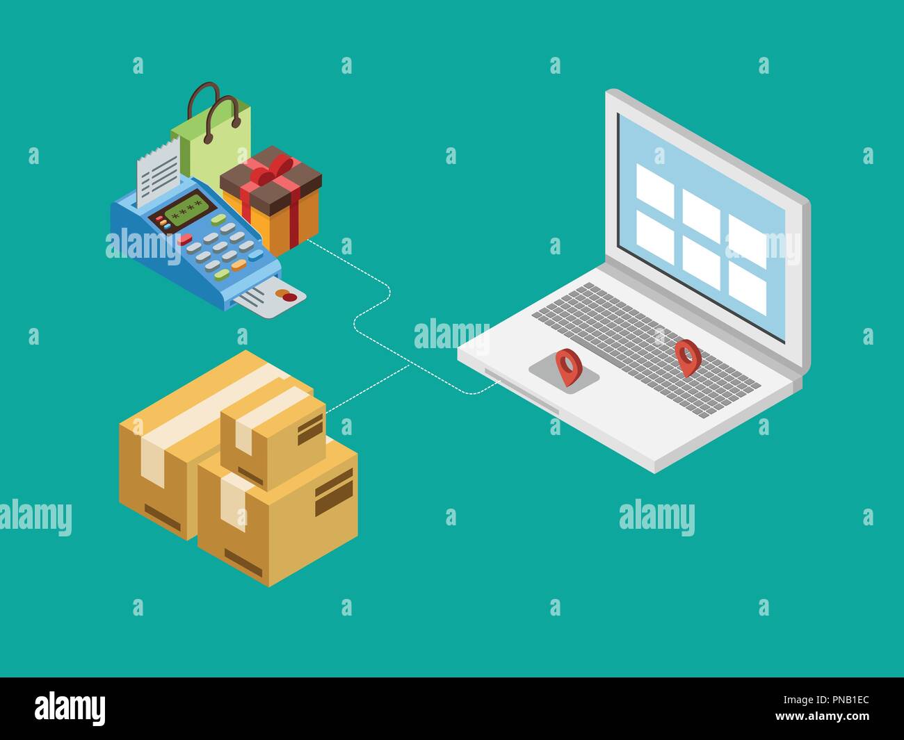 E-commerce, pay online and online shopping concept. Flat 3d isometric ...