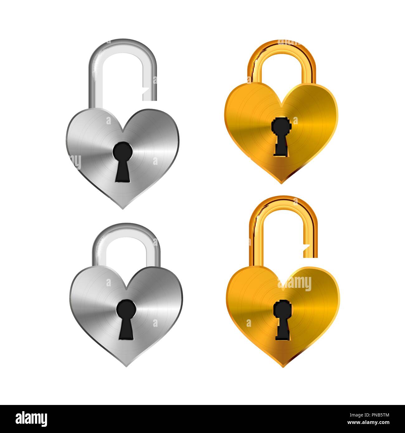 Open and closed realistic padlocks in heart shape made from different metals on white Stock Vector