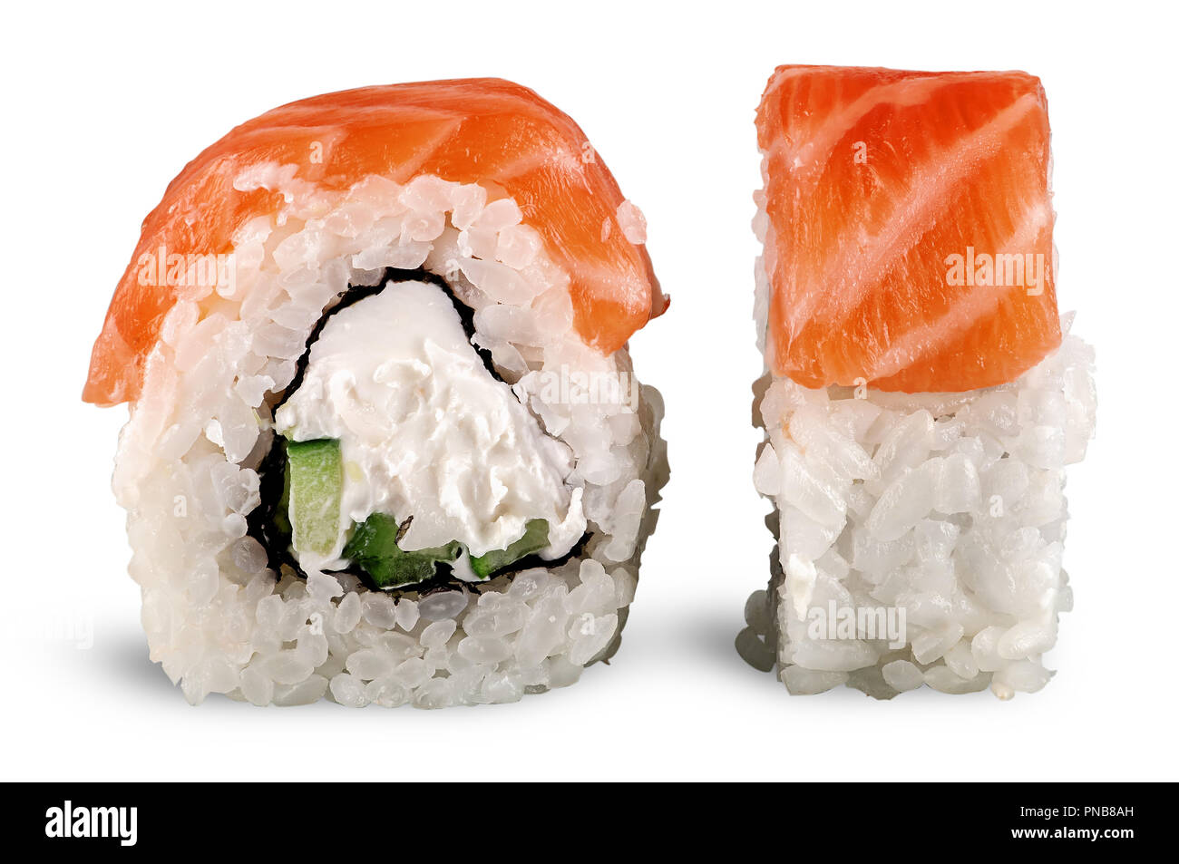 Two pieces of sushi roll of Philadelphia Stock Photo