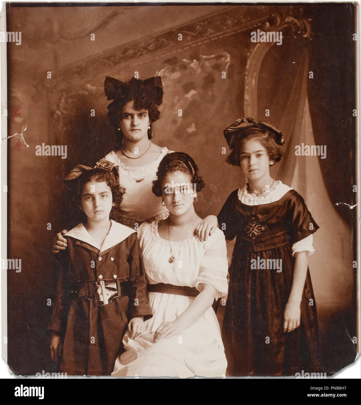 Matilde, Adriana, Frida and Cristina Kahlo. Date/Period: 1916. Photograph. Gelatin-bromide silver on paper Gelatin-bromide silver on paper. Author: Guillermo Kalho. Stock Photo