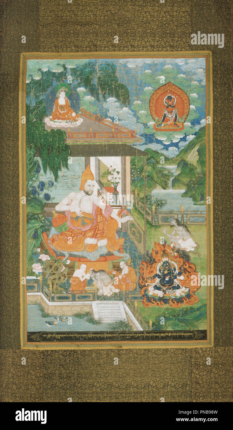 Acarya Bhavaviveka Converts a Nonbeliever to Buddhism. Date/Period: 18th century; Qing Dynasty (1644-1911), Gelug monastic order. Painting. Color on cloth; cloth mounting Color on cloth; cloth mounting. Height: 1,353.57 mm (53.29 in); Width: 845.31 mm (33.27 in). Author: unknown, Sino-Tibetan. Stock Photo
