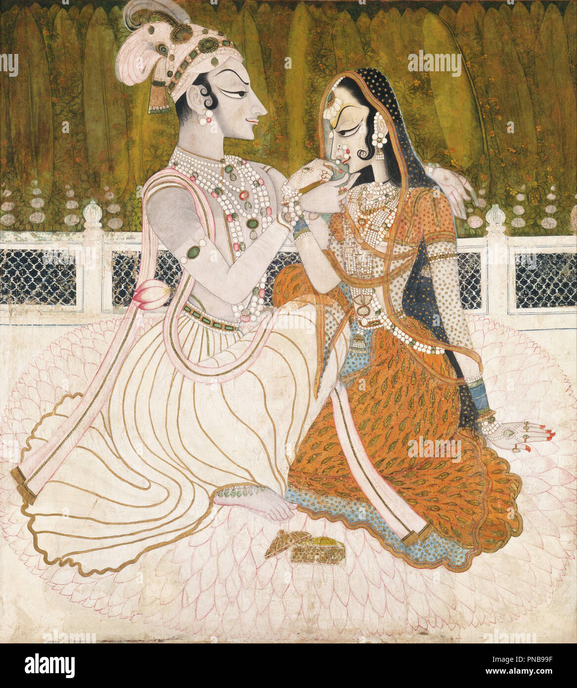 Krishna and Radha. Date/Period: Ca. 1750. Painting. Opaque watercolor and gold on cotton Opaque watercolor and gold on cotton. 94.1 × 103.6 cm (37 × 40.7 in). Author: UNKNOWN. Stock Photo