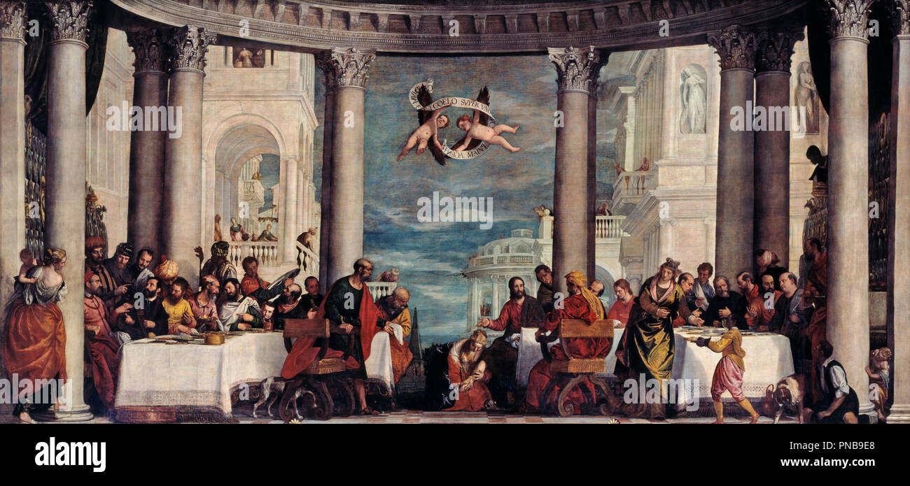 Le Repas chez Simon le Pharisien / The Feast in the House of Simon the Pharisee. Date/Period: 1570. Painting. Oil on canvas. Height: 454 cm (14.8 ft); Width: 974 cm (10.6 yd). Author: PAOLO VERONESE. VERONESE, PAOLO. Stock Photo