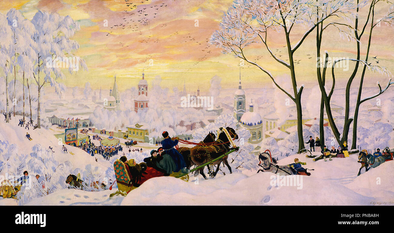 Pancake Week. Date/Period: 1916. Painting. Oil on canvas. Height: 61 cm (24 in); Width: 123 cm (48.4 in). Author: Boris Kustodiev. Kustodiev, Boris Michaylovich. Stock Photo