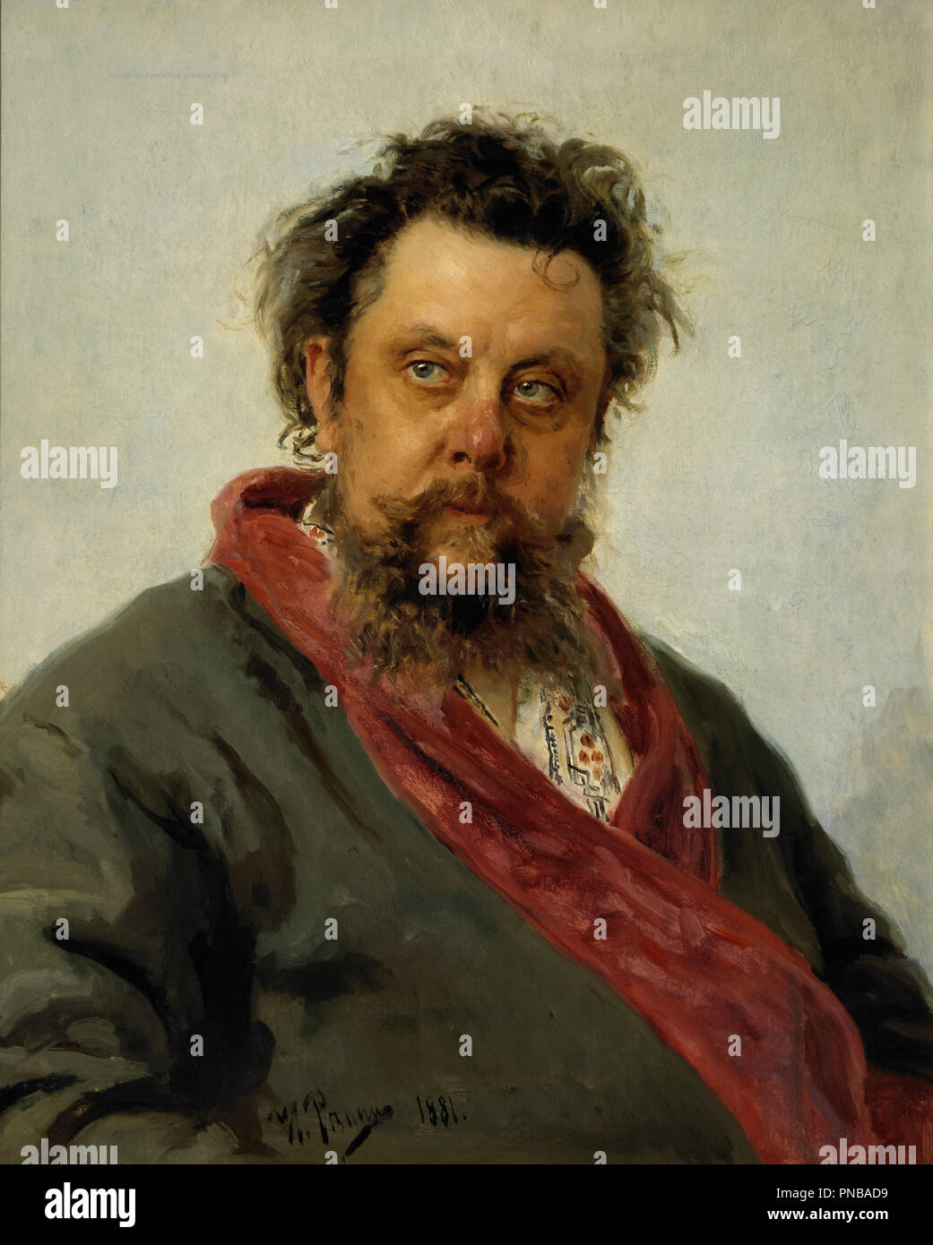 Portrait of M. P. Musorgsky. Date/Period: 1881. Painting. Oil on canvas. Height: 69 cm (27.1 in); Width: 57 cm (22.4 in). Author: Ilya Repin. REPIN, ILYA YEFIMOVICH. Stock Photo