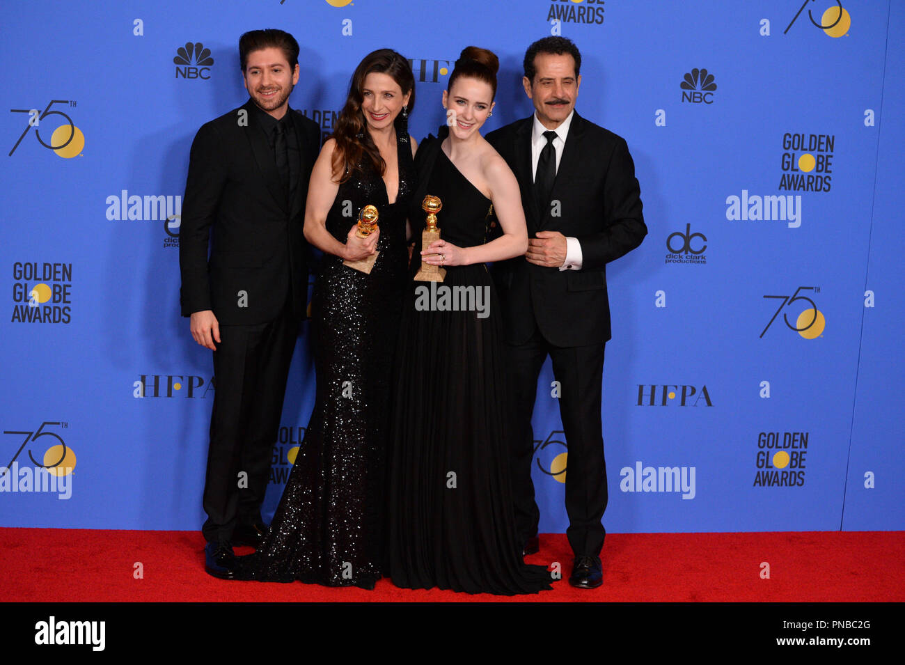 Michael Zegen, Marin Hinkle, Rachel Brosnahan & Tony Shalhoub at the 75th Annual Golden Globe Awards at the Beverly Hilton Hotel, Beverly Hills, USA 07 Jan. 2018 Stock Photo