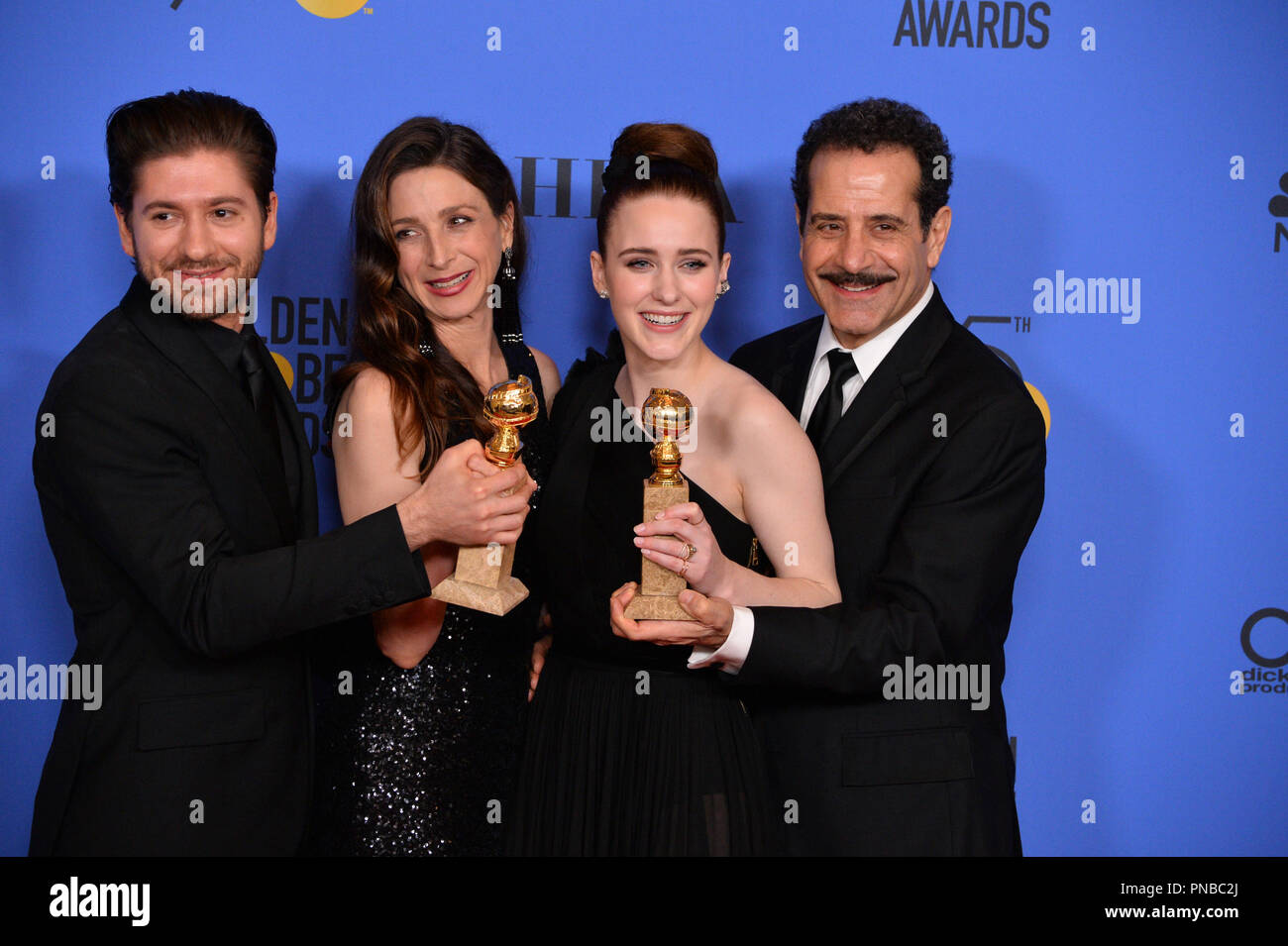 Michael Zegen, Marin Hinkle, Rachel Brosnahan & Tony Shalhoub at the 75th Annual Golden Globe Awards at the Beverly Hilton Hotel, Beverly Hills, USA 07 Jan. 2018 Stock Photo