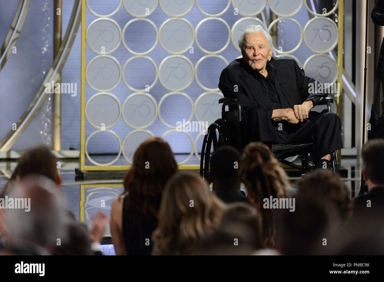 Kirk Douglas on stage at the 75th Annual Golden Globe Awards at the Beverly Hilton in Beverly Hills, CA on Sunday, January 7, 2018.  File Reference # 33508 555JRC  For Editorial Use Only -  All Rights Reserved Stock Photo