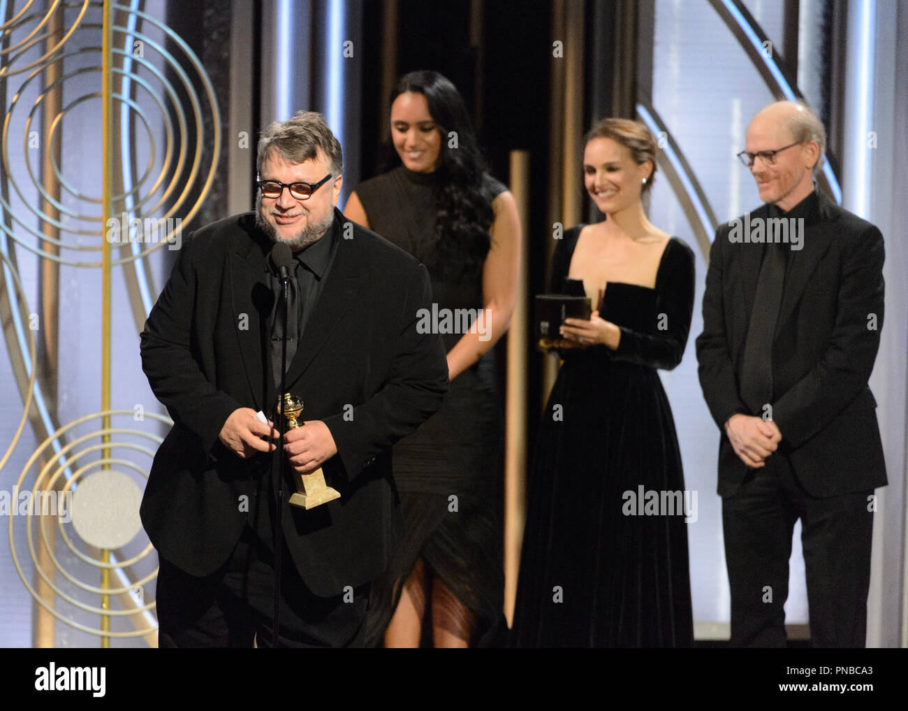 The Golden Globe is awarded to Guillermo del Toro for BEST DIRECTOR – MOTION PICTURE for 'The Shape of Water' at the 75th Annual Golden Globe Awards at the Beverly Hilton in Beverly Hills, CA on Sunday, January 7, 2018.  File Reference # 33508 570JRC  For Editorial Use Only -  All Rights Reserved Stock Photo