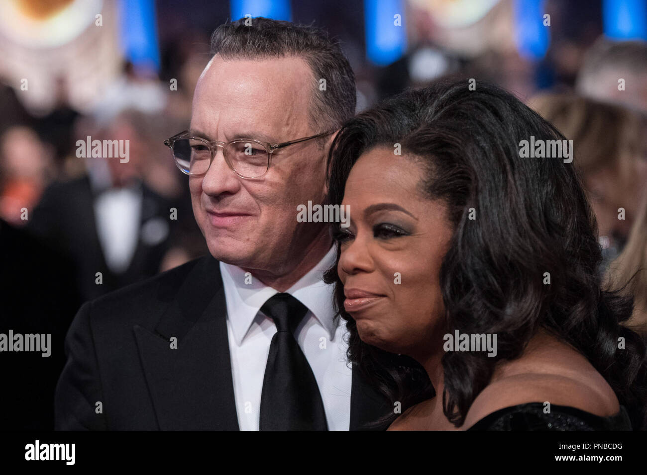 Tom Hanks and the Cecil B. DeMille Award recipient Oprah Winfrey at the 75th Annual Golden Globe Awards at the Beverly Hilton in Beverly Hills, CA on Sunday, January 7, 2018.  File Reference # 33508 633JRC  For Editorial Use Only -  All Rights Reserved Stock Photo
