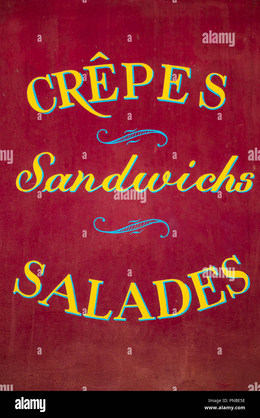 offer sign chalkboard french Crêpes Sandwichs Salades Stock Photo