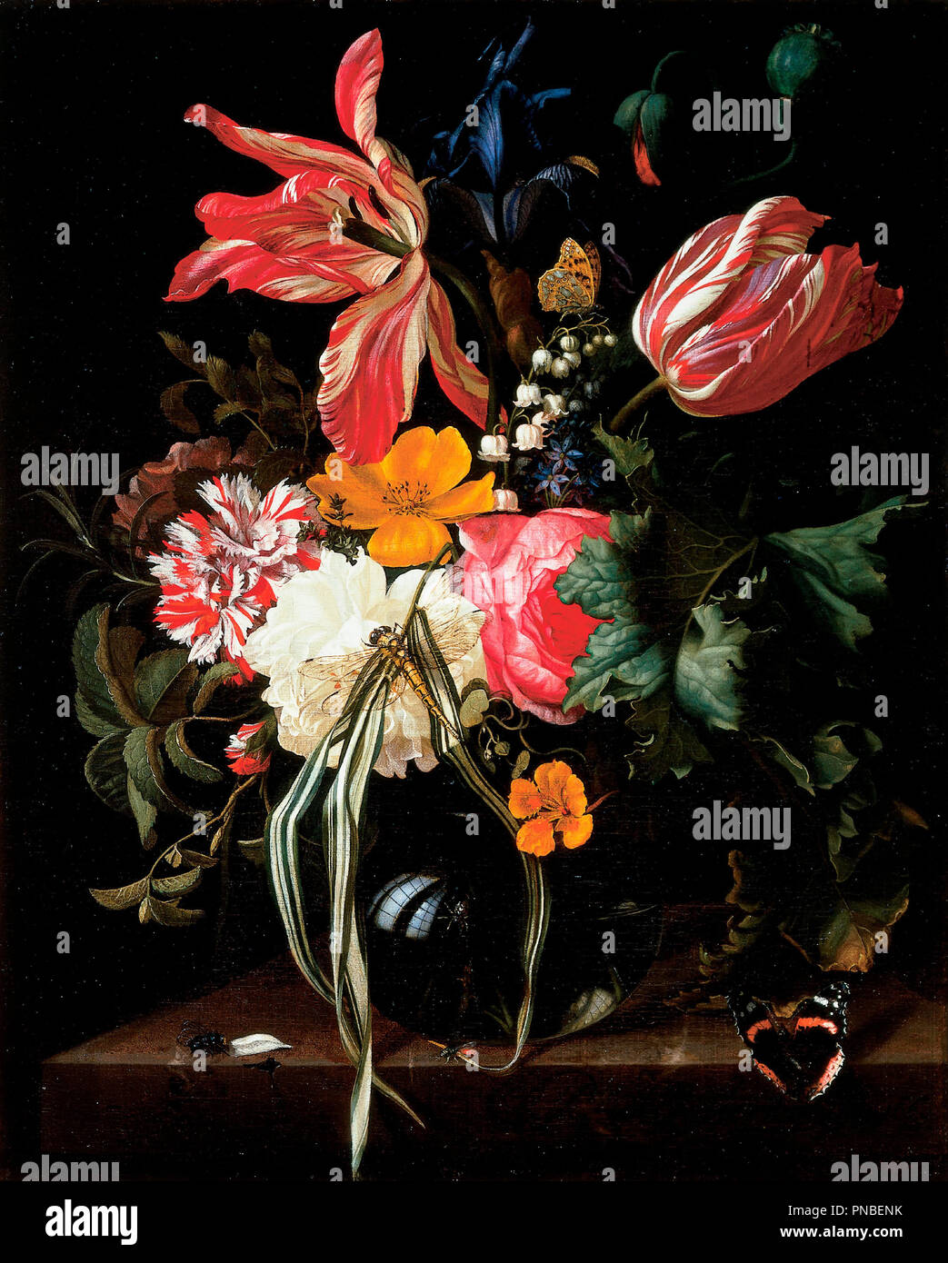Flower Still Life. Date/Period: 1669-01-01/1669-12-31. Painting. Oil on canvas. Width: 37.1 cm. Height: 46 cm. Author: Maria van Oosterwijck. Stock Photo